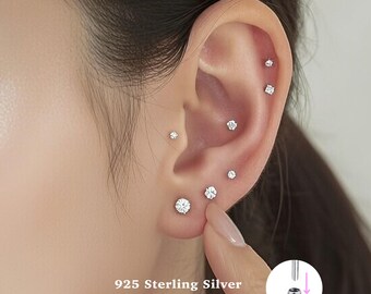 18g Push Pin Labret Stud • 925 Sterling Silver • Tragus Stud • Flat Back Earring • Helix • Conch • Cartilage Stud