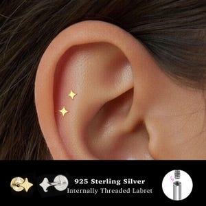 18/16G Sparkle Star Internally Threaded • 925 Sterling Silver • Tragus Stud • Flat Back Earring • Helix • Conch • Cartilage Stud