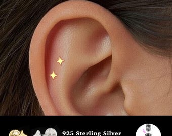 18/16G Sparkle Star Internally Threaded • 925 Sterling Silver • Tragus Stud • Flat Back Earring • Helix • Conch • Cartilage Stud