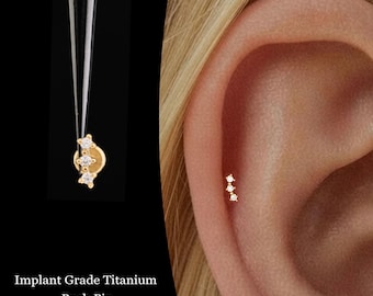 20/18/16G Tiny Three Cz Push Pin Labret • Titanium Threadless Flat Back Earring • Tragus Stud • Helix Stud • Cartilage Stud • Nose Stud