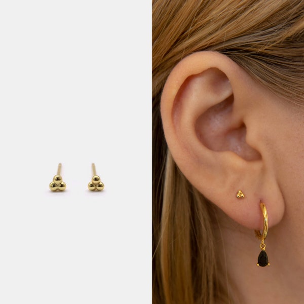 Three Ball Stud Earrings • 925 Sterling Silver • Small Stud Earrings • Tiny dainty earrings • Tiny gold studs • Cartilage Earrings