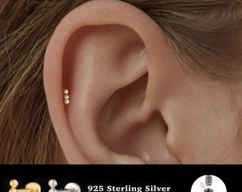 18/16G Three ball Internally Threaded • 925 Sterling Silver • Tragus Stud • Flat Back Earring • Helix • Conch • Cartilage Stud
