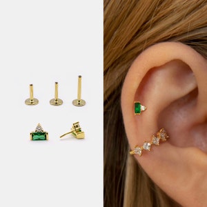 18g Push Pin Labret Stud • 925 Sterling Silver • Tiny Baguette Stud • Tragus Stud • Flat Back Earring • Helix • Conch • Cartilage Stud