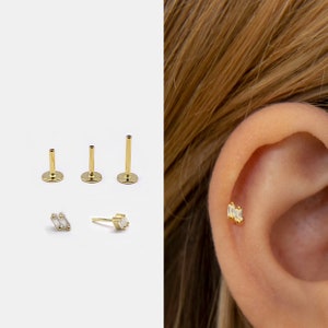 18g Push Pin Labret Stud • 925 Sterling Silver • Tiny Two Baguette Stud  • Tragus Stud • Flat Back Earring • Helix • Conch • Cartilage Stud