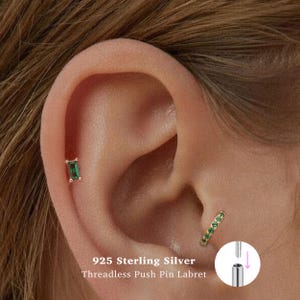 18g Baguette Push-Pin Labret Ohrstecker • 925 Sterling Silber • Smaragd Ohrstecker • Tragus Ohrstecker • Flache Rückseite • Helix • Muschel • Knorpel Ohrstecker