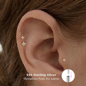 Brinco Labret com pino de pressão de 18g • Prata esterlina 925 • Brinco em formato de flor pequena • Brinco Tragus • Brinco com parte traseira plana • Hélice • Concha • Brinco em formato de cartilagem