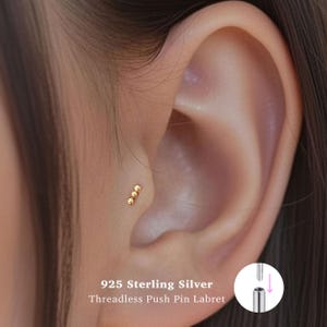 Perno de presión para labio de 18 g • Plata de ley 925 • Perno de tres bolas • Perno para trago • Pendiente con parte posterior plana • Hélice • Caracola • Perno para cartílago