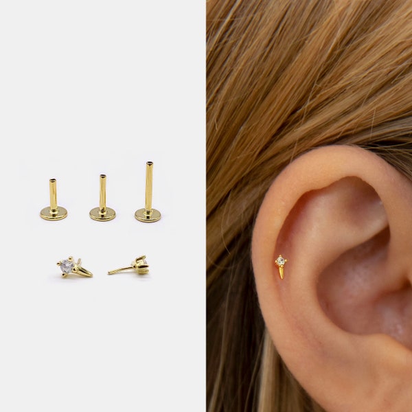 18g Push Pin Labret Stud • 925 Sterling Silver • Tiny Spike Stud • Tragus Stud • Flat Back Earring • Helix • Conch • Cartilage Stud