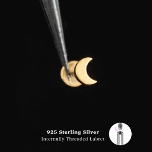 18/16G Moon Internally Threaded • 925 Sterling Silver • Tragus Stud • Flat Back Earring • Helix • Conch • Cartilage Stud