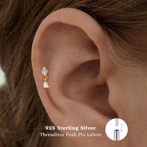 Clou labret à épingles 18 g • Argent sterling 925 • Minuscules clous d'oreilles en oxyde de zirconium méthylique • Clous tragus • Boucle d'oreille à l'arrière • Hélice • Conque • Clous de cartilage