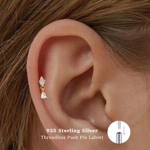 Piercing Labret com pino de pressão de 18g • Prata de lei 925 • Piercings pendentes com zircônias cúbicas pequenas • Piercing para tragus • Brinco com base plana • Hélix • Conch • Piercing para cartilagem