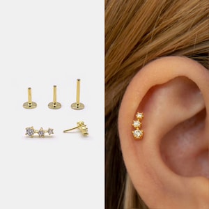 18g Push Pin Labret Stud • 925 Sterling Silver • Triple Stones Climber  • Tragus Stud • Flat Back Earring • Helix • Conch • Cartilage Stud