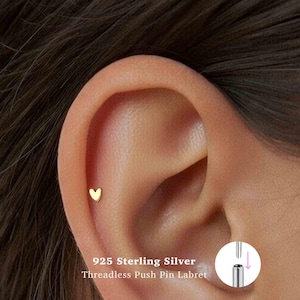 18g Heart Push Pin Labret Stud • 925 Sterling Silver • Tin Studs • Tragus Stud • Flat Back Earring • Helix • Conch • Cartilage Stud