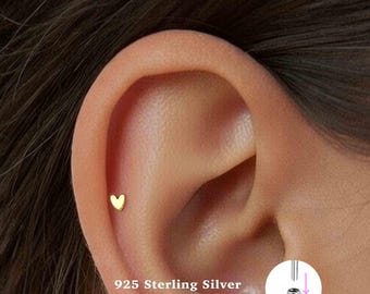 18g Heart Push Pin Labret Stud • 925 Sterling Silver • Tin Studs • Tragus Stud • Flat Back Earring • Helix • Conch • Cartilage Stud