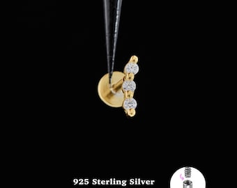 18/16G Three cz Internally Threaded • 925 Sterling Silver • Tragus Stud • Flat Back Earring • Helix • Conch • Cartilage Stud