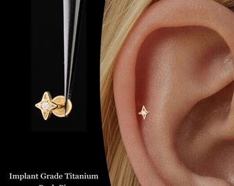 20/18/16G Tiny Star Push Pin Labret • Titanium Threadless Flat Back Earring • Tragus Stud • Helix Stud • Cartilage Stud • Nose Stud