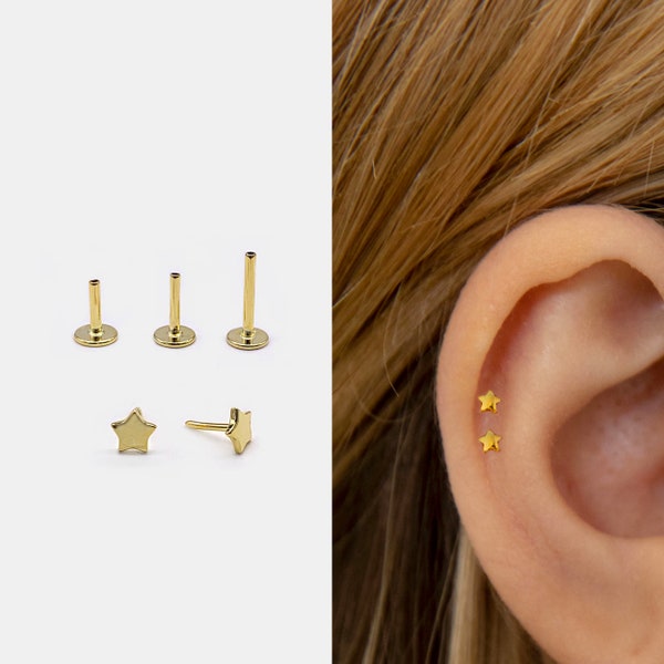 18g Push Pin Labret Stud • 925 Sterling Silver • Star Stud • Tragus Stud • Flat Back Earring • Helix • Conch • Cartilage Stud