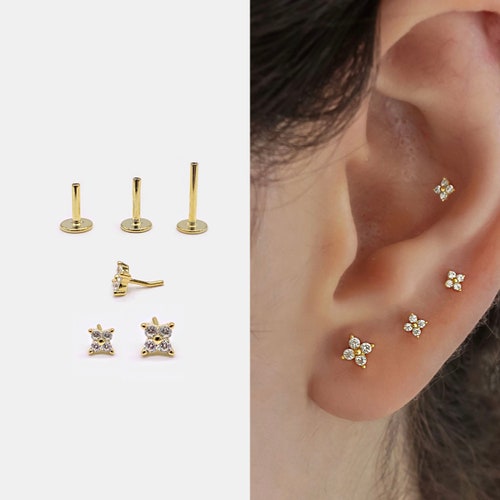 20G Flact Back Earrings Stud Hypoallergenic Stainless Steel Threadless Tragus Cartilage Helix Lip Medusa Piercing Jewelry - 36