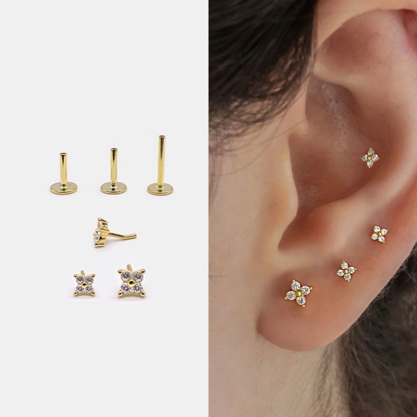 18g Push Pin Labret Stud • 925 Sterling Silver • Tiny Flower Stud • Tragus Stud • Flat Back Earring • Helix • Conch • Cartilage Stud