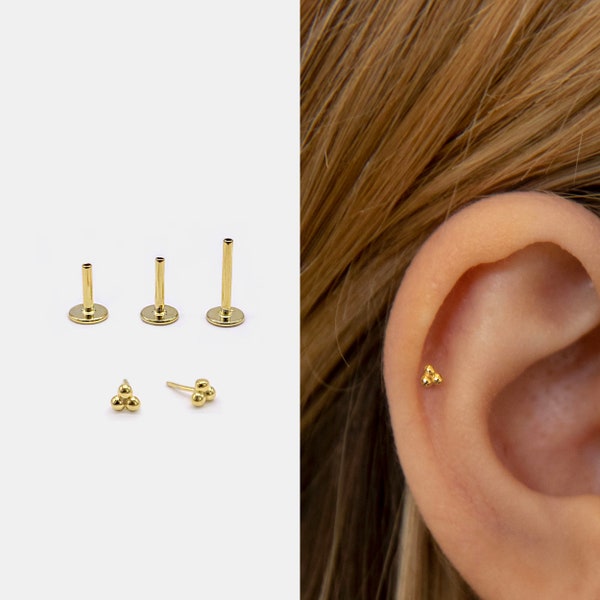 18g Push Pin Labret Stud • 925 Sterling Silver • Three Ball Stud • Tragus Stud • Flat Back Earring • Helix • Conch • Cartilage Stud