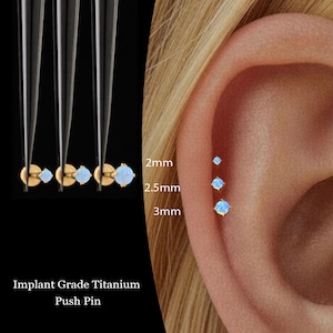 20/18/16G Blue Opal Push Pin Labret • Titanium Threadless Flat Back Earring • Tragus Stud • Helix Stud • Cartilage Stud • Nose Stud