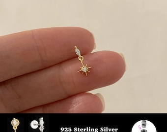 18/16G Cz dangle Internally Threaded • 925 Sterling Silver • Tragus Stud • Flat Back Earring • Helix • Conch • Cartilage Stud