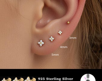 18/16G Flower Internally Threaded Labret • 925 Sterling Silver • Tragus Stud • Flat Back Earring • Helix • Conch • Cartilage Stud