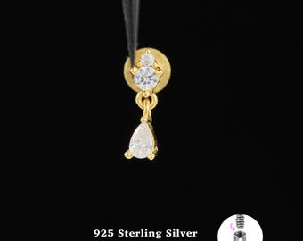 18/16G Cz dangle Internally Threaded • 925 Sterling Silver • Tragus Stud • Flat Back Earring • Helix • Conch • Cartilage Stud