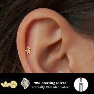 18/16G Tiny leaf Internally Threaded • 925 Sterling Silver • Tragus Stud • Flat Back Earring • Helix • Conch • Cartilage Stud