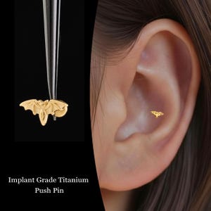 Könnte beinhalten: Ein goldfarbener Ohrstecker in Fledermausform. Der Ohrring wird neben einem Ohr und auch von einem Werkzeug gehalten. Der Text "Implant Grade Titanium Push Pin" befindet sich am unteren Rand des Bildes.