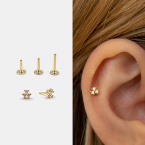 18g Push Pin Labret Stud • 925 Sterling Silver • Tiny Flower Stud • Tragus Stud • Flat Back Earring • Helix • Conch • Cartilage Stud