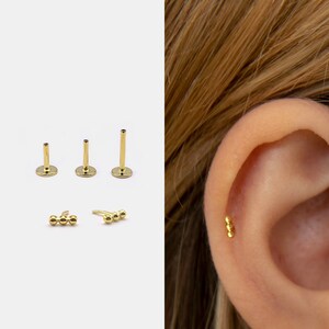 18g Push Pin Labret Stud • 925 Sterling Silver • Three Ball Stud • Tragus Stud • Flat Back Earring • Helix • Conch • Cartilage Stud