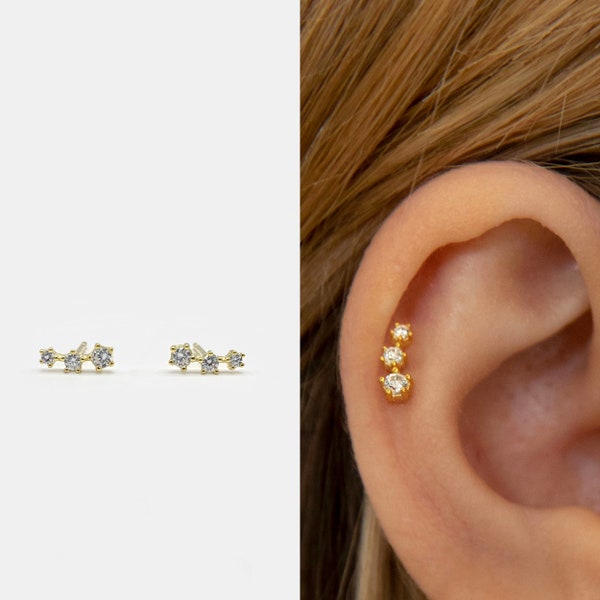 Triple Stones Climber Stud Earrings • Tiny Climber Stud Earrings • Cz Stud Earrings • Tiny dainty earrings • Tiny gold studs