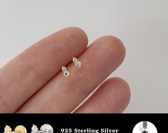 18/16G Two Stone Internally Threaded • 925 Sterling Silver • Tragus Stud • Flat Back Earring • Helix • Conch • Cartilage Stud