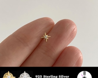 18/16G Star Internally Threaded • 925 Sterling Silver • Tragus Stud • Flat Back Earring • Helix • Conch • Cartilage Stud