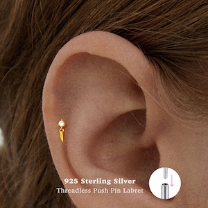 18g Dangle Spike Push Pin Labret Stud • 925 Sterling Silver • Tin Studs • Tragus Stud • Flat Back Earring • Helix • Conch • Cartilage Stud