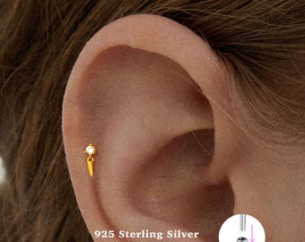 18g Dangle Spike Push Pin Labret Stud • 925 Sterling Silver • Tin Studs • Tragus Stud • Flat Back Earring • Helix • Conch • Cartilage Stud
