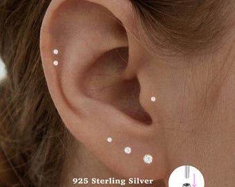 18g Push Pin Labret Stud • 925 Sterling Silver • Tragus Stud • Flat Back Earring • Helix • Conch • Cartilage Stud