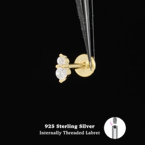 18/16G Two Stone Internally Threaded • 925 Sterling Silver • Tragus Stud • Flat Back Earring • Helix • Conch • Cartilage Stud