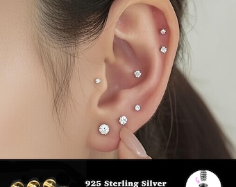 18/16G Cz Internally Threaded Labret • 925 Sterling Silver • Tragus Stud • Flat Back Earring • Helix • Conch • Cartilage Stud