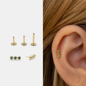 18g Push Pin Labret Stud • 925 Sterling Silver • Three Emerald Stud • Tragus Stud • Flat Back Earring • Helix • Conch • Cartilage Stud
