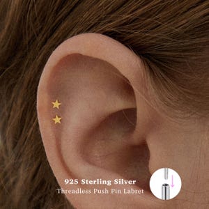 18g Star Push Pin Labret Stud • 925 Sterling Silver • Star Stud • Tragus Stud • Flat Back Earring • Helix • Conch • Cartilage Stud
