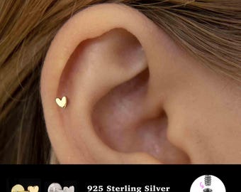 18/16G Heart Internally Threaded • 925 Sterling Silver • Tragus Stud • Flat Back Earring • Helix • Conch • Cartilage Stud