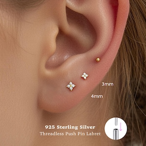 18g Push Pin Labret Stud • 925 Sterling Silver • Tiny Flower Stud • Tragus Stud • Flat Back Earring • Helix • Conch • Cartilage Stud