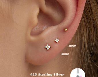 18g Push Pin Labret Stud • 925 Sterling Silver • Tiny Flower Stud • Tragus Stud • Flat Back Earring • Helix • Conch • Cartilage Stud