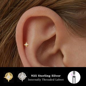 Circonia cúbica diminuta de 18/16 g con rosca interna • Plata de ley 925 • Perno para trago • Pendiente con parte posterior plana • Hélice • Caracola • Perno para cartílago