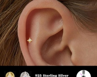 18/16G Tiny CZ Invändigt gängad • 925 Sterling Silver • Tragusörhänge • Platt baksida örhänge • Helix • Conch • Broskörhänge
