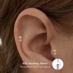 18g Two stone Push Pin Labret Stud • 925 Sterling Silver • Tragus Stud • Flat Back Earring • Helix • Conch • Cartilage Stud