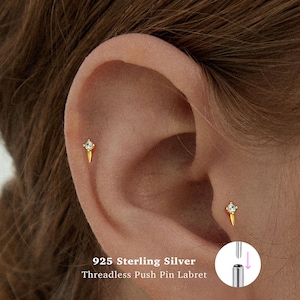 18g Tiny spike Push Pin Labret Stud • 925 Sterling Silver • Tragus Stud • Flat Back Earring • Helix • Conch • Cartilage Stud