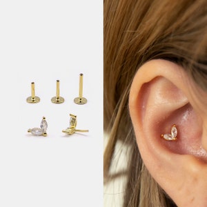 18g Push Pin Labret Stud • 925 Sterling Silver • Tiny Cz Flower Stud • Tragus Stud • Flat Back Earring • Helix • Conch • Cartilage Stud